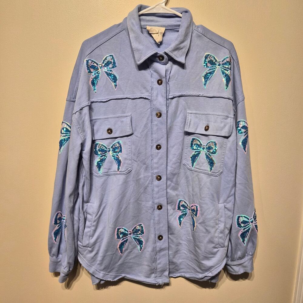 Fantastic Fawn Medium Sequin Bow Button Up Shacket Blue